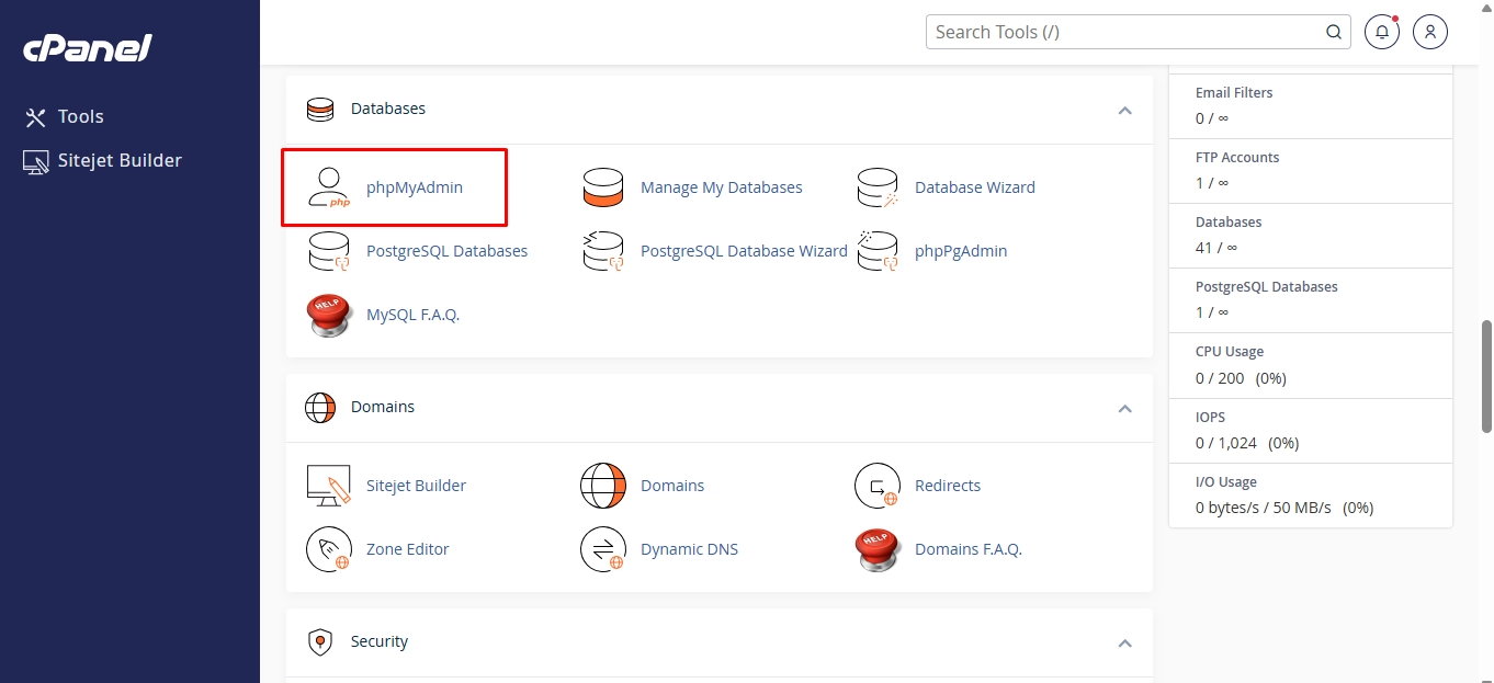 phpMyAdmin option in the cPanel.