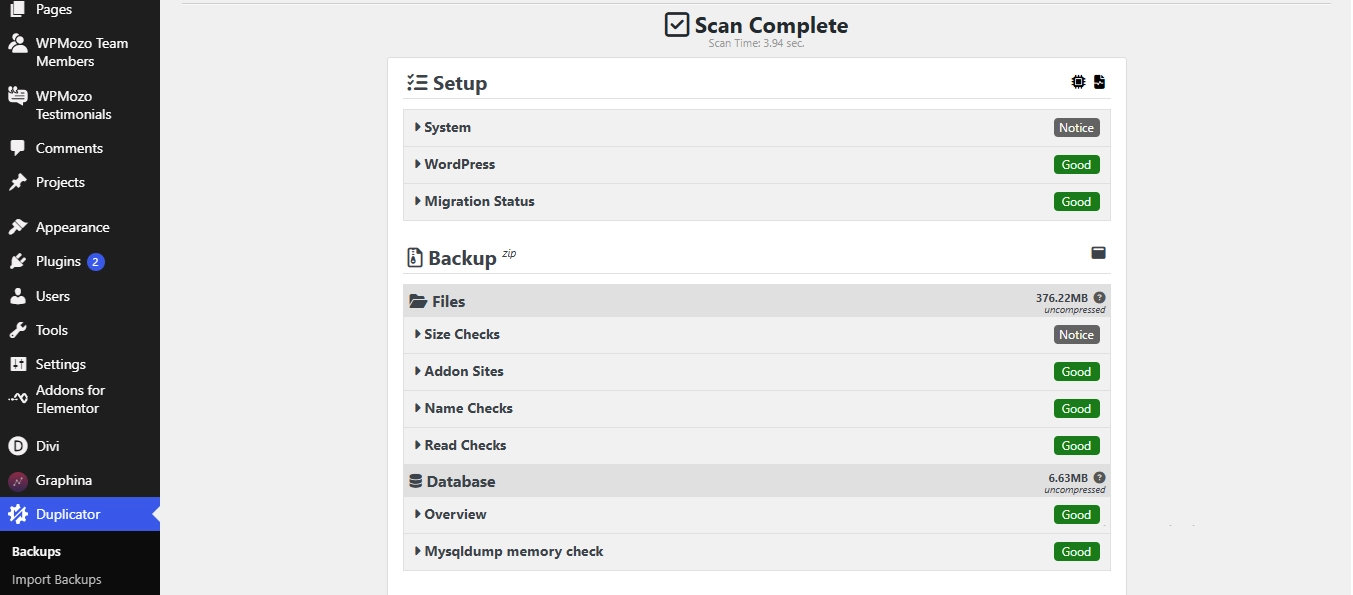 Backup scan complete in the Duplicator plugin.