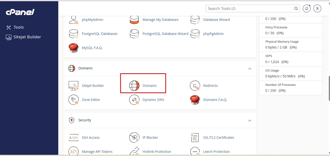 Domains option in the cPanel.