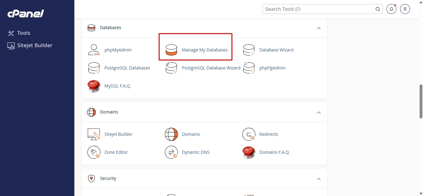 Manage My Databases option in cPanel.