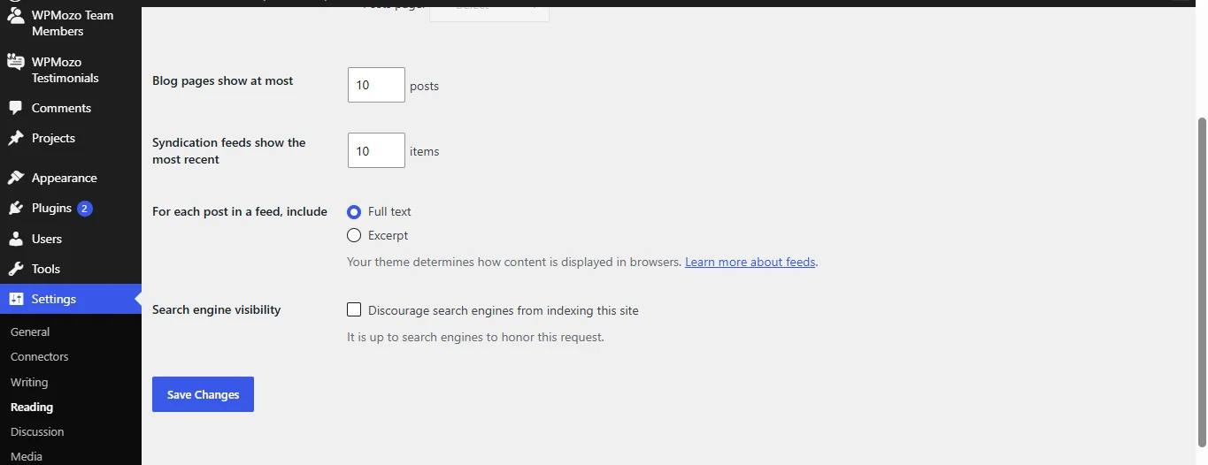 WordPress Reading Settings after migration.