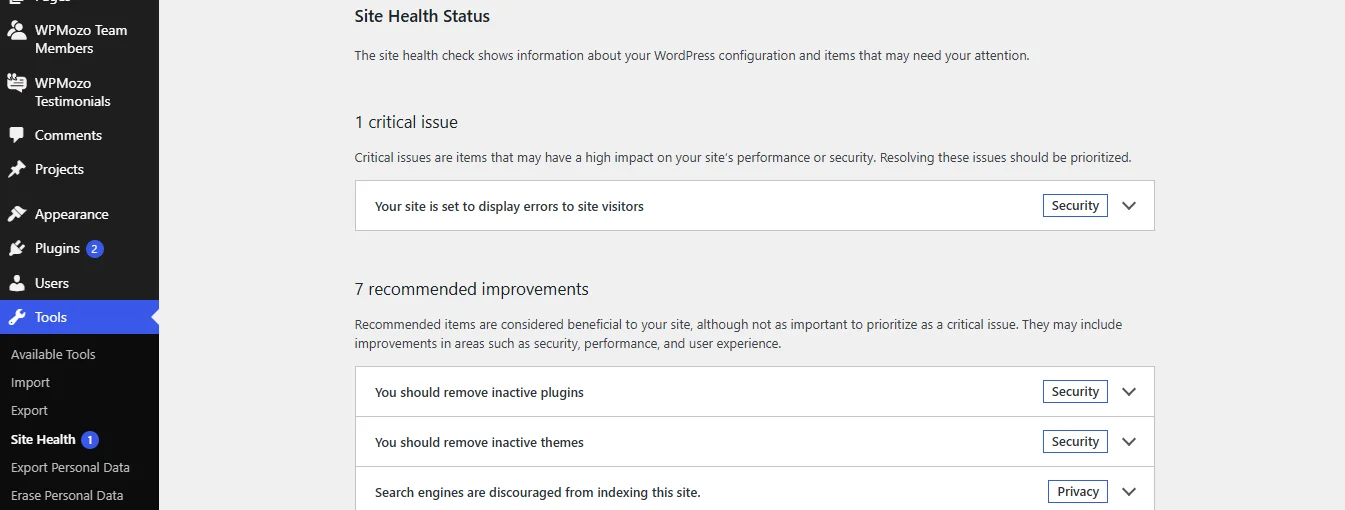 WordPress Site Health Status window.